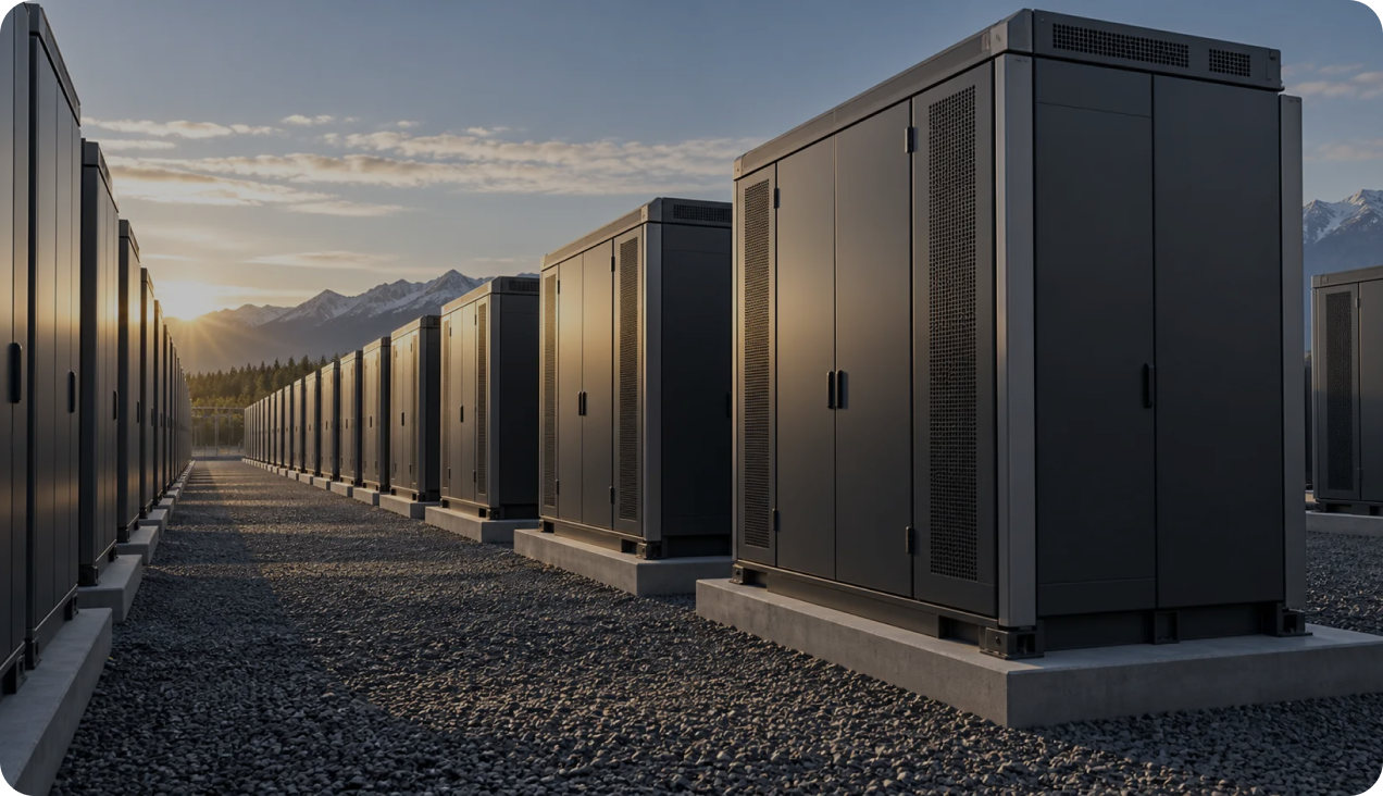 Battery energy storage units at sunset