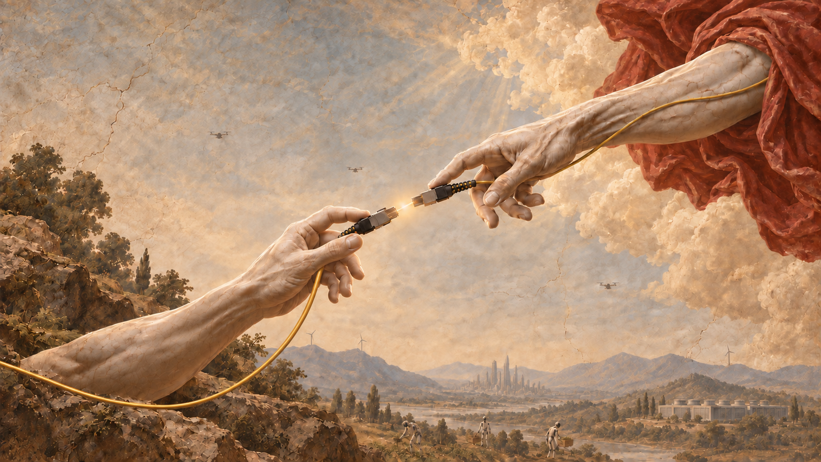 Fresco-style hands connecting optical fiber above a landscape with drones and modern infrastructure